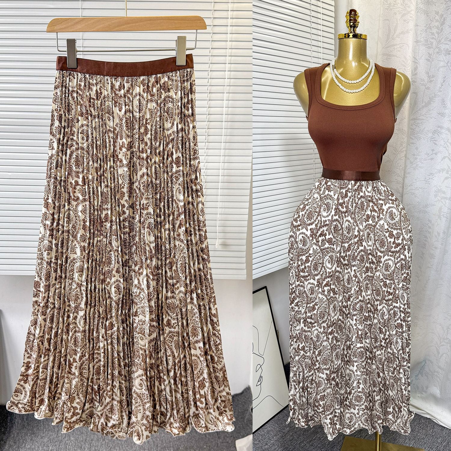 Women's Retro Printed High Waist A- Line Mid-length Pleated Large Hem Skirt