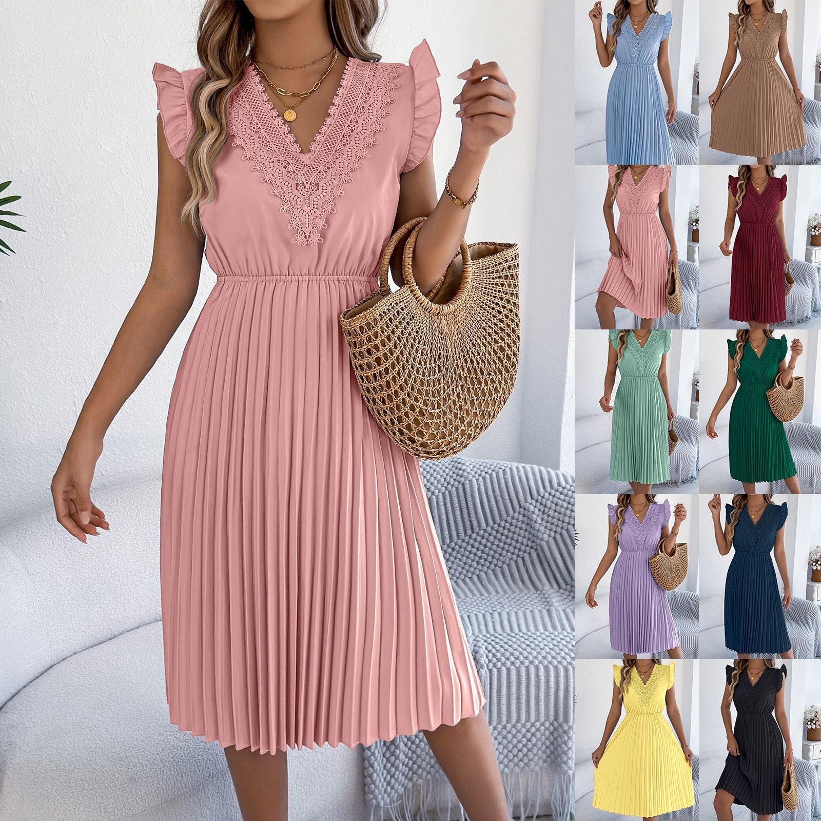 Women's Casual Lace Ruffled Cinched Pleated Dress