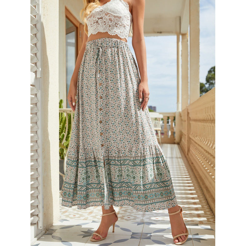 Waist Rayon Printed Breasted Split Seaside Holiday Skirts
