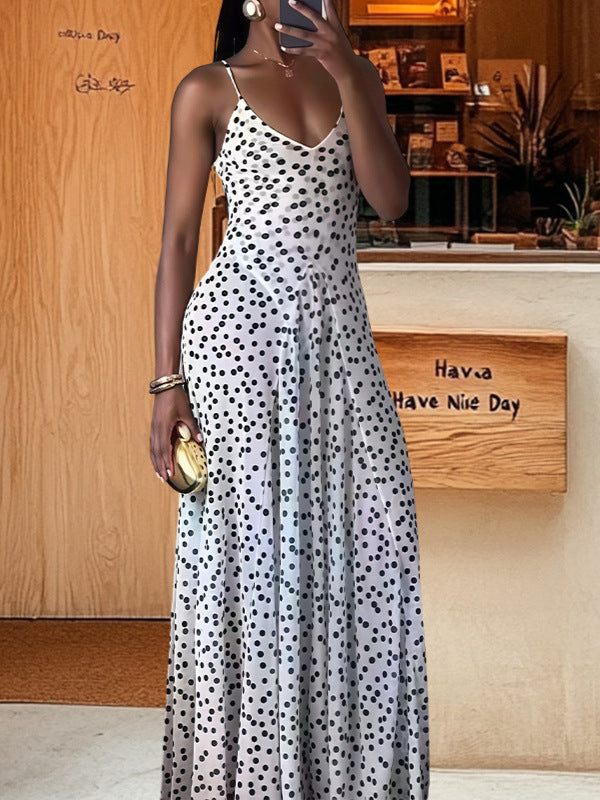 Fashion Suspenders Exposed Back Polka Dot Dress