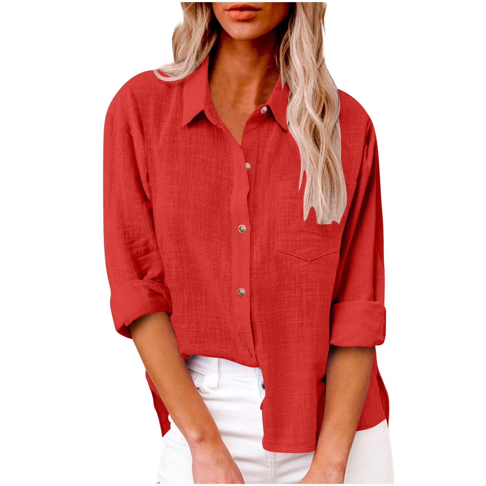 Women's Solid Colored Lapel Button Long-sleeved Cotton Linen Blouse