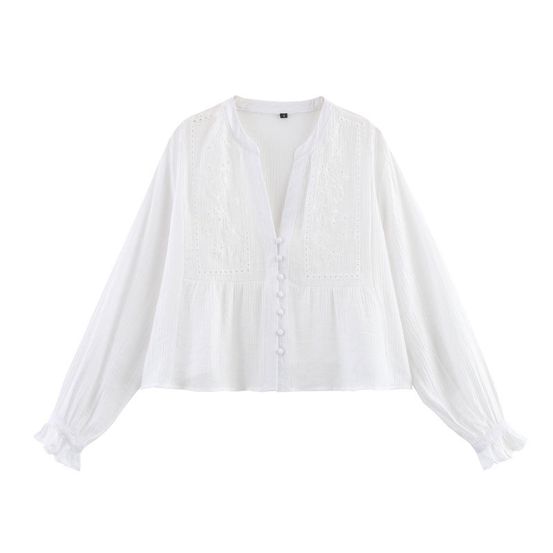 Women's Fashion Casual Loose Hollow Embroidery Shirt Blouse