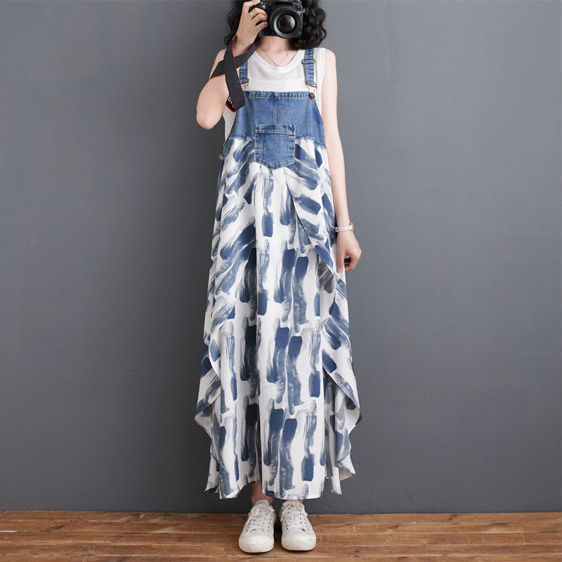 Color Loose Denim Stitching Floral Strap Dress