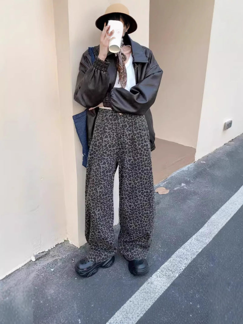 Women's & Men's Leopard Print Washed Distressed Straight Loose High Street Pants