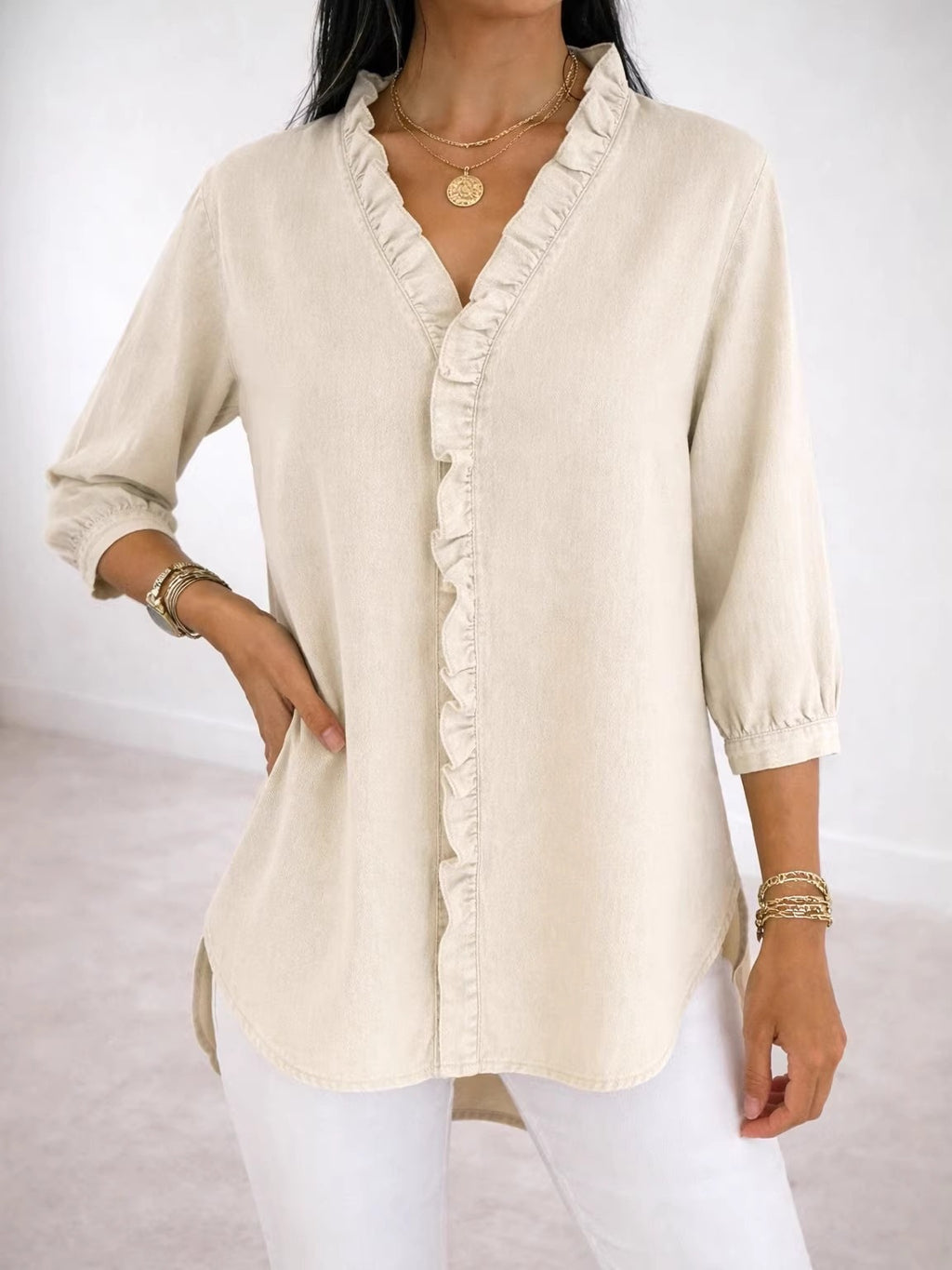 Women's Ruffled Casual Shirt Imitation Denim Ladies Blouse