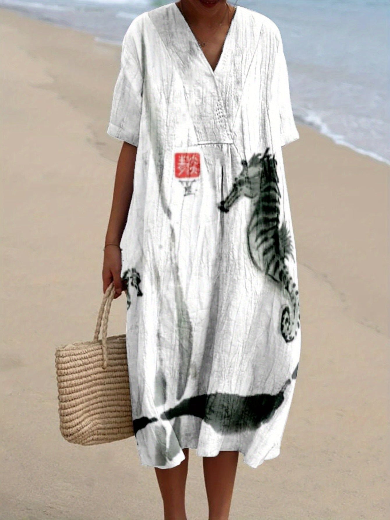 Women's Large Wide Creative Drops Pattern Printed Loose Dress