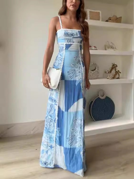 Women's Fashion Wear Lace Sling Geometric Pattern Printed Bow Dress