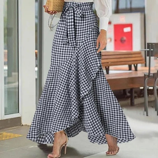 Women's Plaid Mermaid Ruffled Irregular Hem High Waist Casual Umbrella Skirts