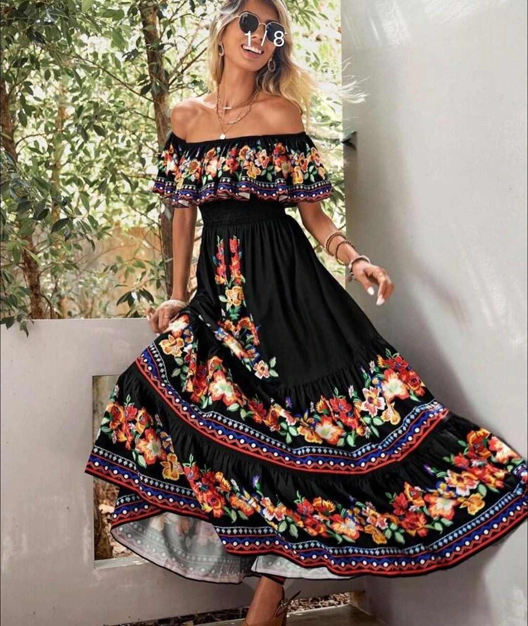 Women's Red Flower Print Long Large Hem Dress