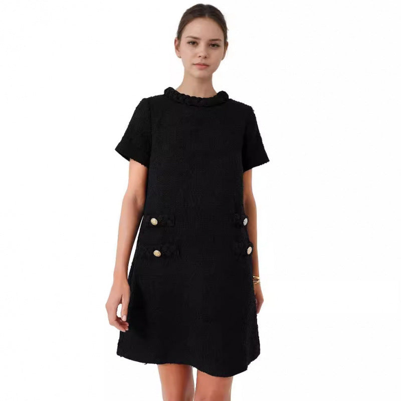 Women's Style Tweed Jack Elegant Round Neck Sleeve Button Shorts