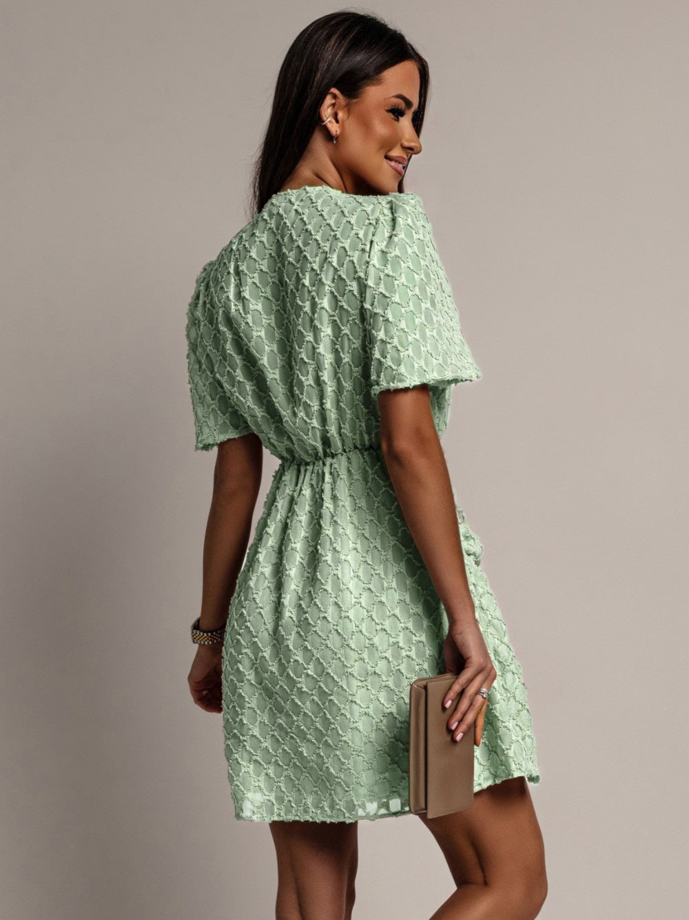 Solid Color Waist Trimming Short-sleeved Plaid Fashion Casual Dress