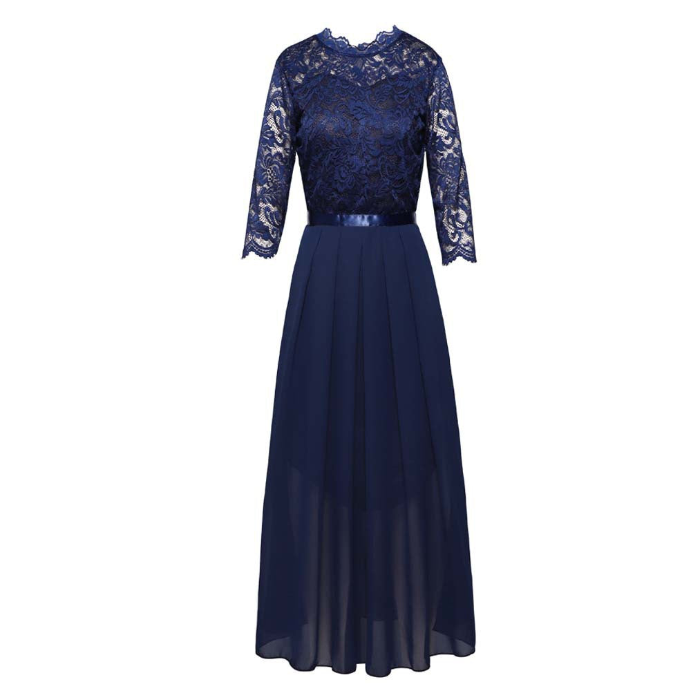 Women's Long Chiffon Round Neck Lace Dress