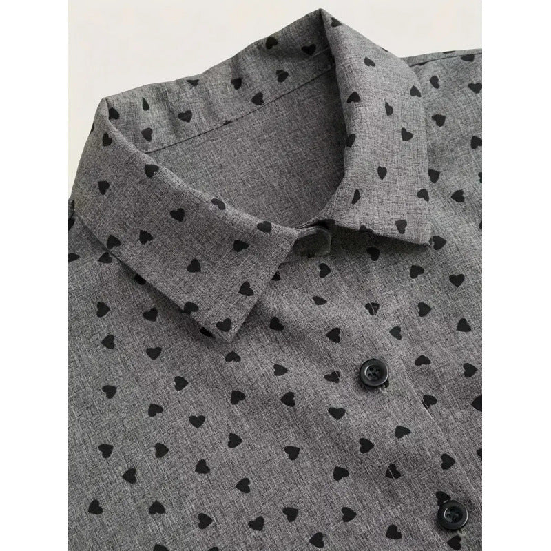 Women's Trend Heart Printing Shirt Single-breasted Elegant Cuff Stitching Lace Blouse