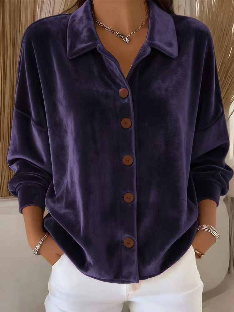 Women's Casual Long-sleeved Shirt Collar Gold Veet Tops