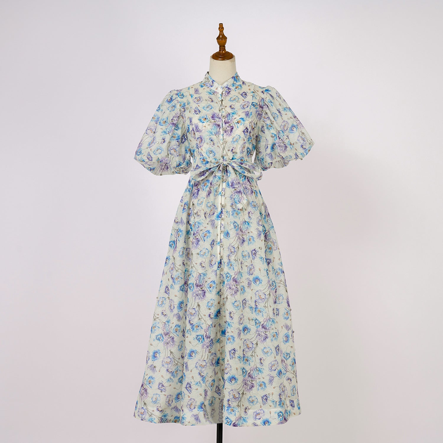 Summer Palace Style High Design Sense Rhinestone Sleeve Single-breasted Long Dress