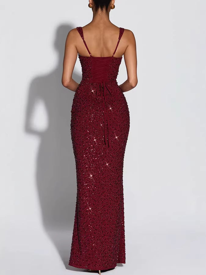 Women's Sequin Sling Slim Fit Tied Sleeveless Dress
