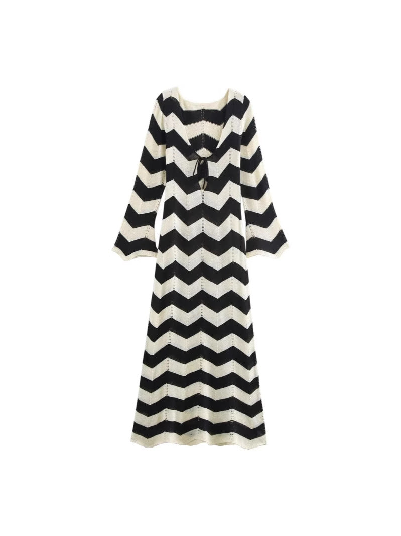 Women's Fashion Wear Elegant Tied Wave Pattern Long Sleeve Dress