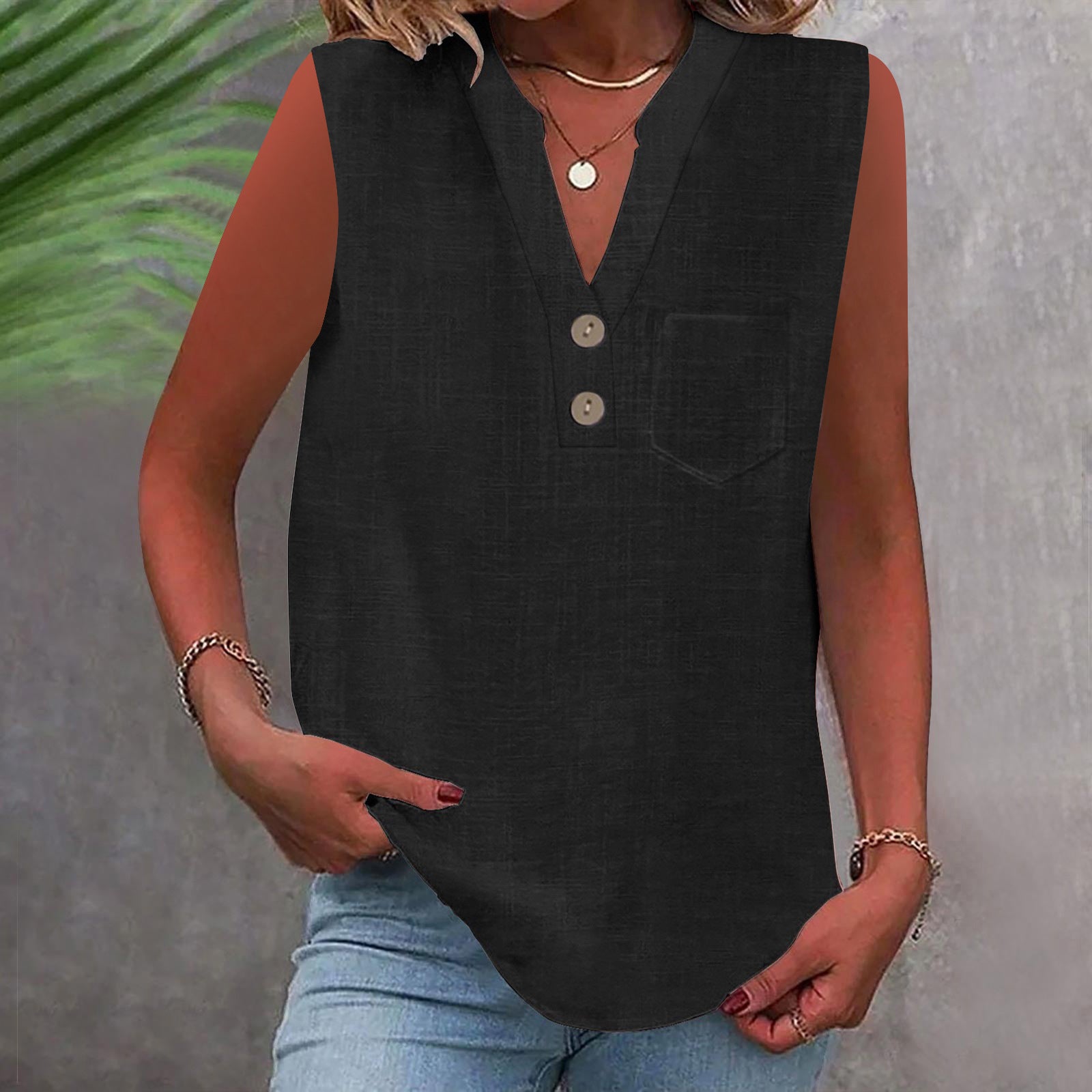 Women's Large Loose Slub Cotton Pocket Idle Tops