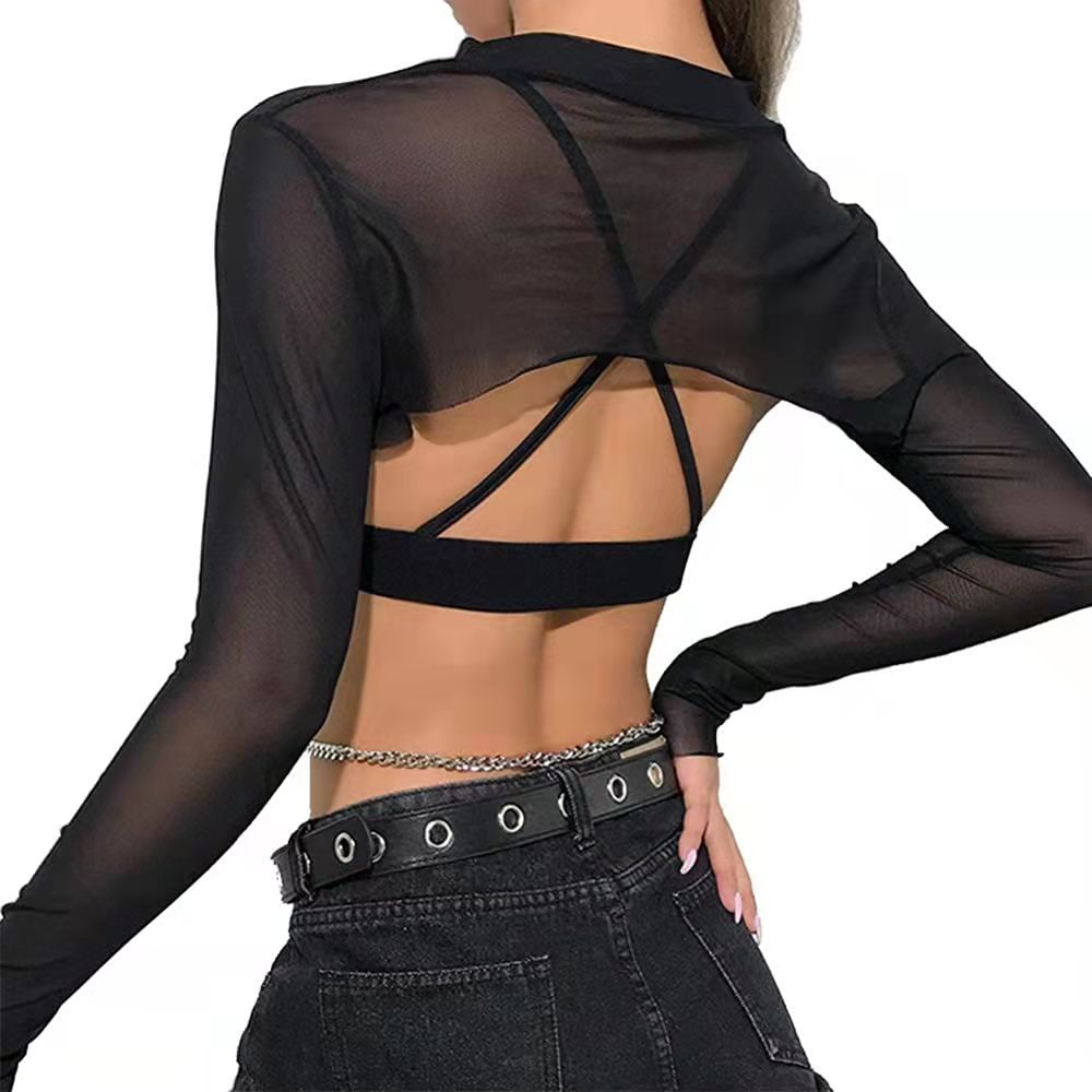 Sleeve Half Turtleneck Shawl Fishing Net Cover Women's T-shirt
