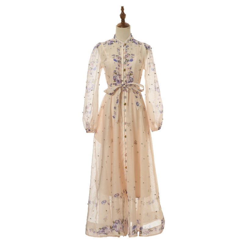 Women's Design Positioning Flower Diamond Long Wing Dress