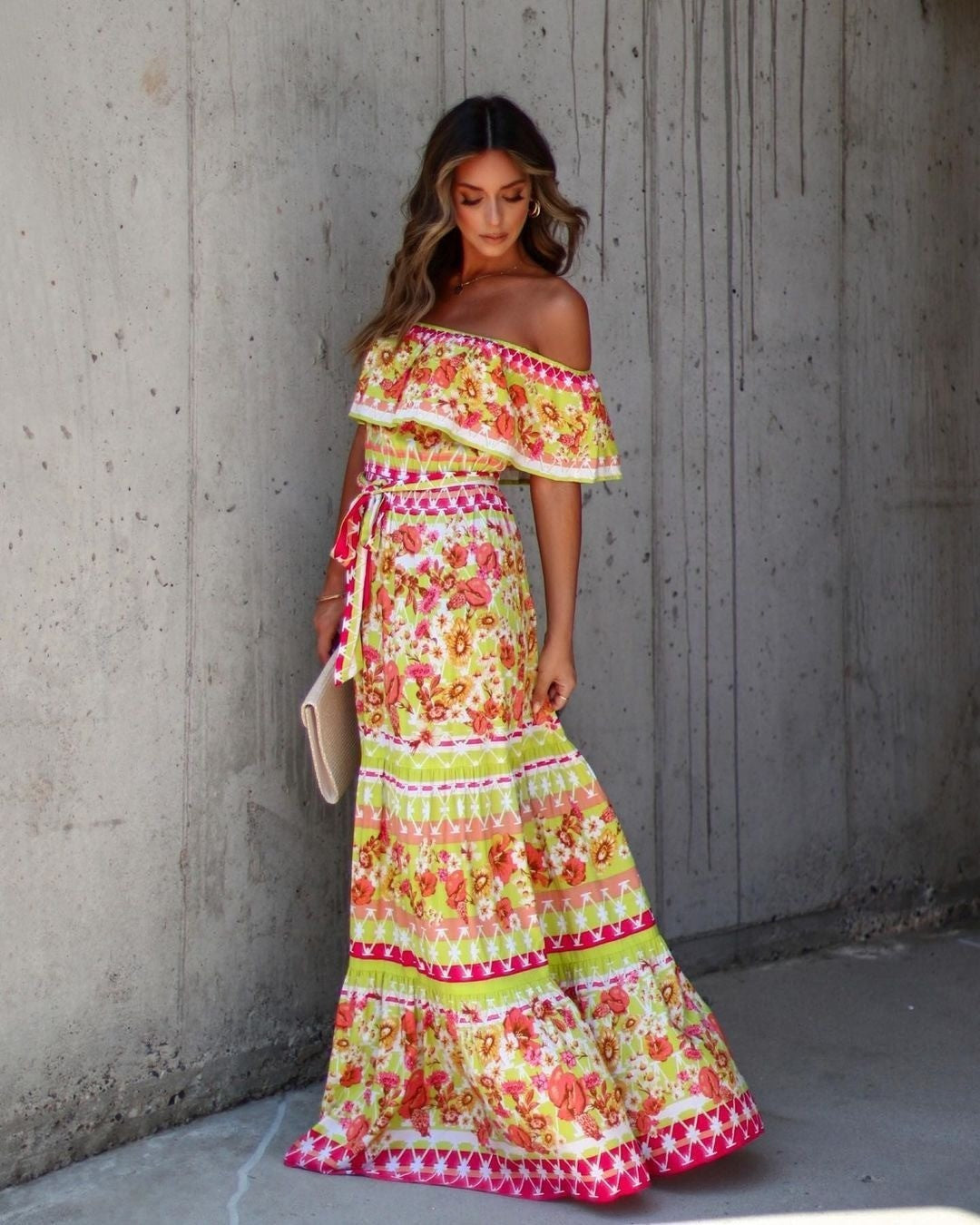 Women's Red Flower Print Long Large Hem Dress