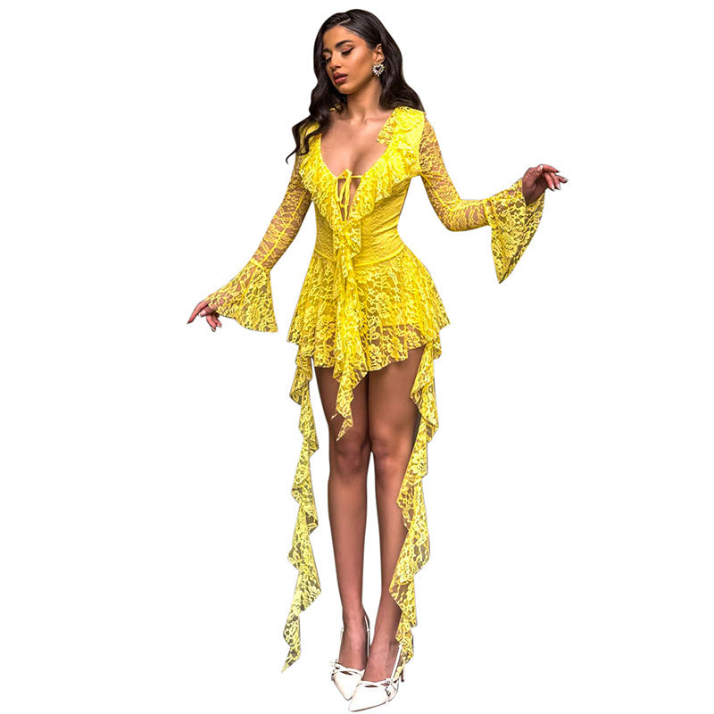 Women's Sexy Lace Strap Rope Long Sleeve Dress