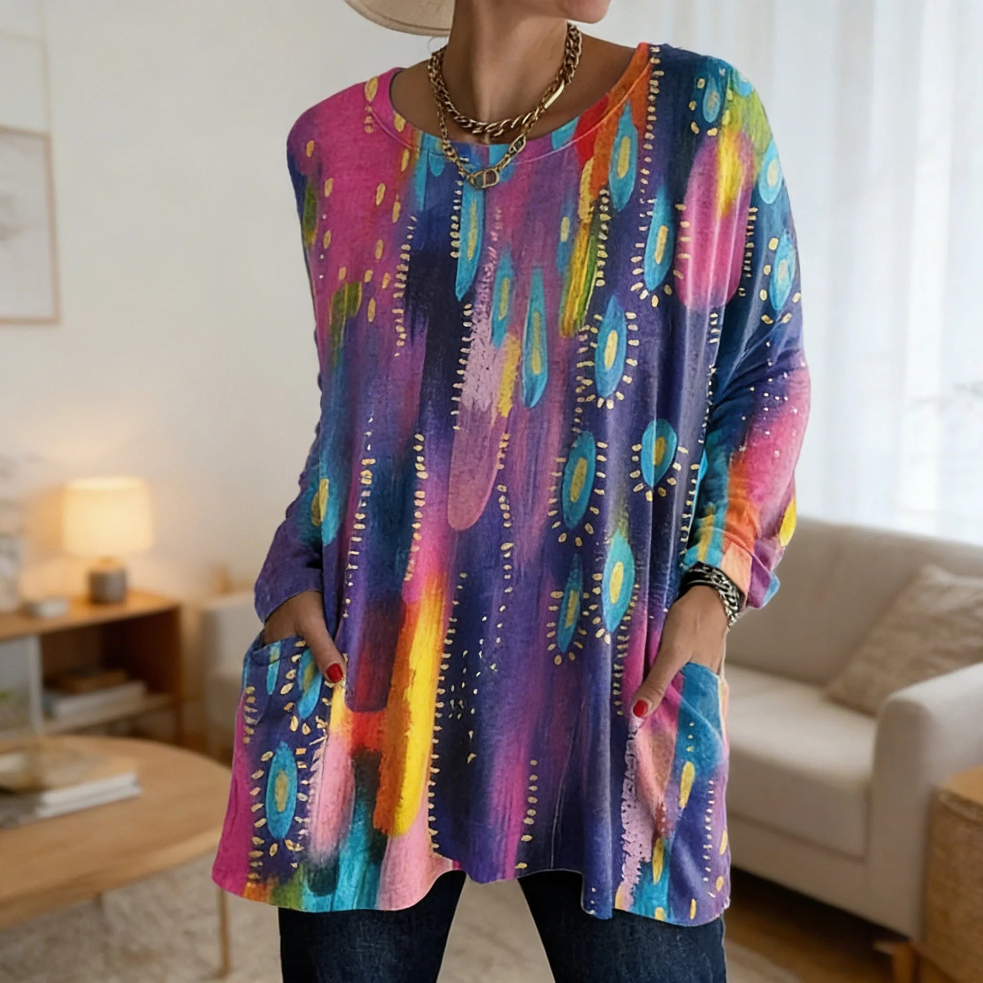 Women's Printed Casual Round Neck Long Sleeve Women's T-shirt