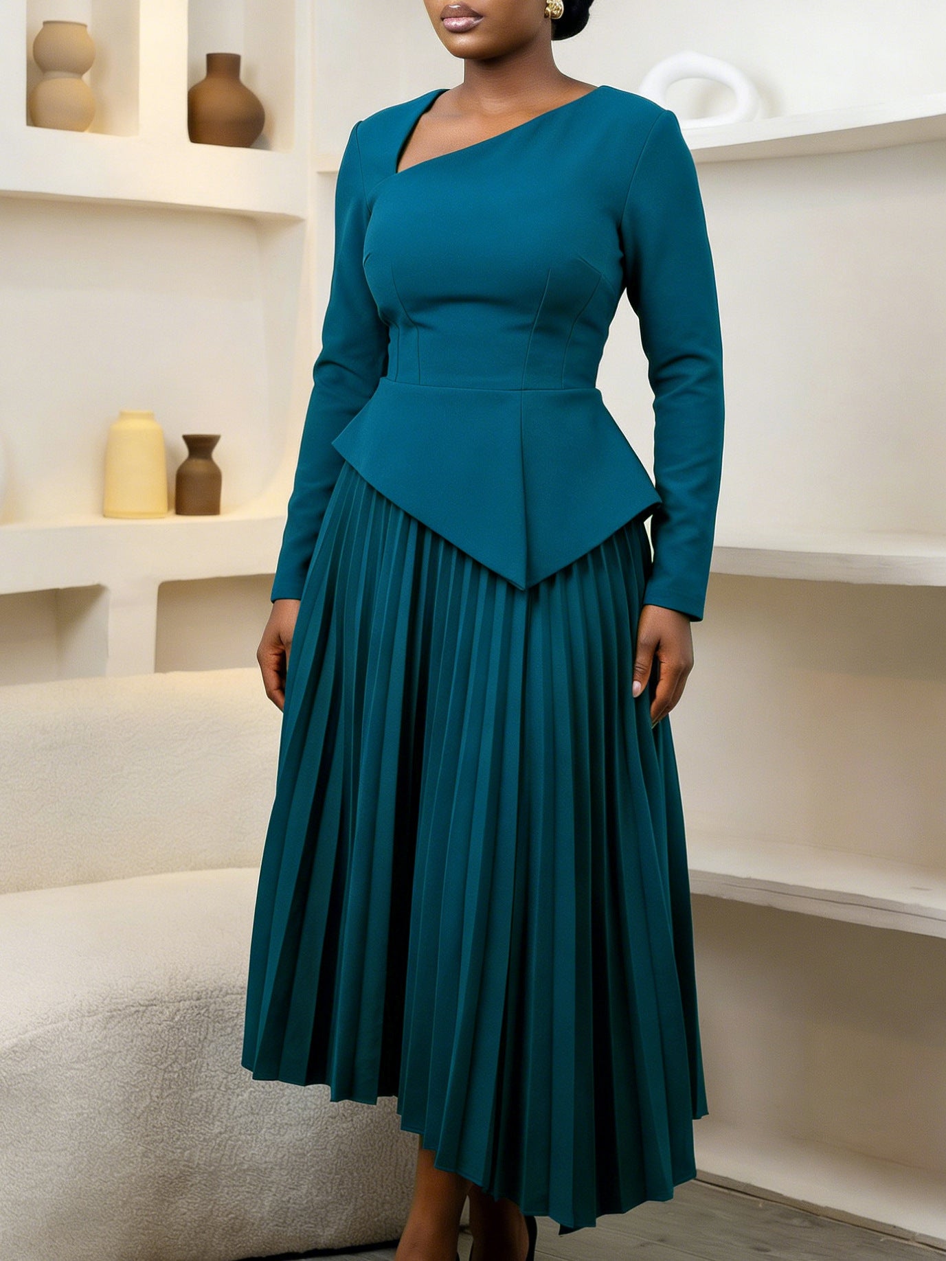 Women's Spring Elegant Diagonal Collar High Waist Dress
