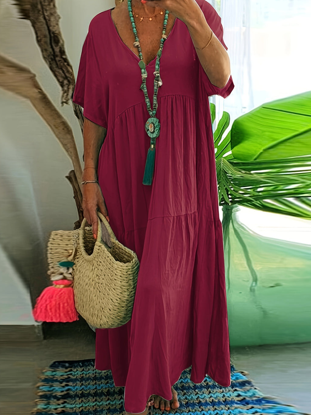 Women's Solid Color Loose Sleeve Large Swing Dress