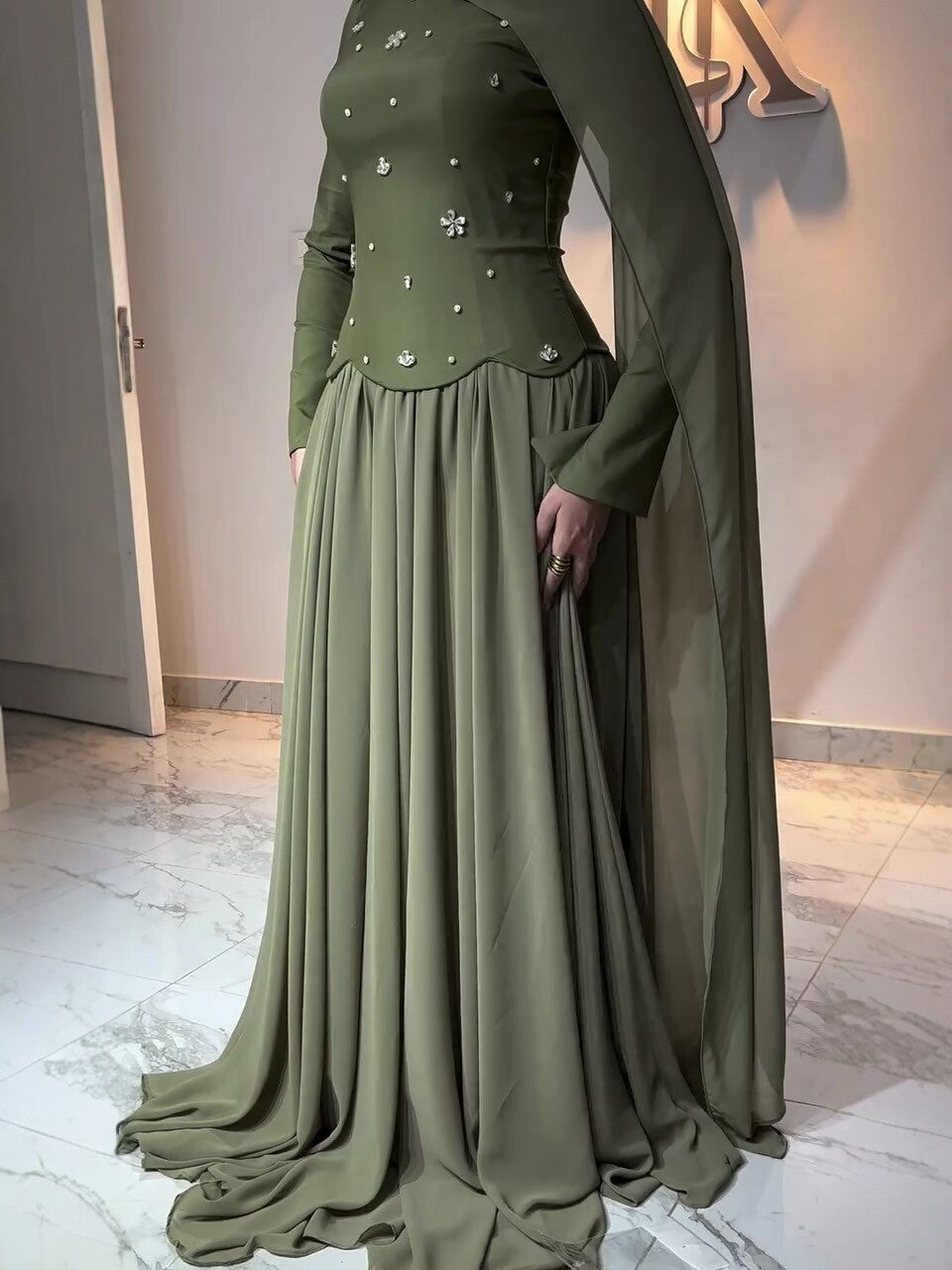Women's Green Diamond Long Sleeves Elegant For Dress