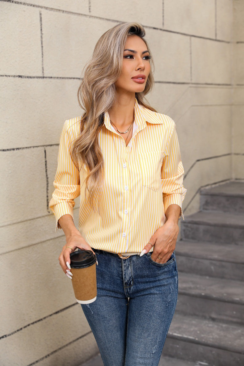 Women's Striped Loose Casual Collared Long-sleeved Shirt Blouse