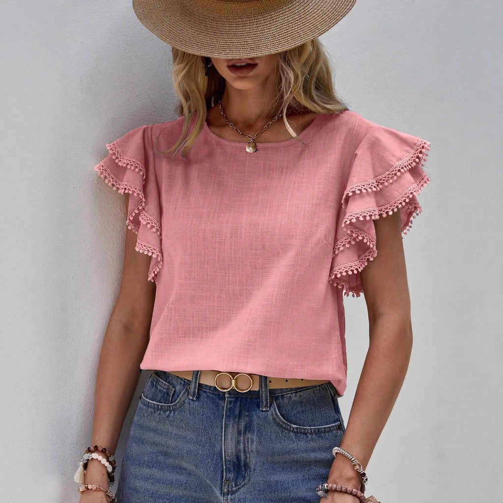 Women's Pleated Sleeves Round Neck Shirt Solid Color Casual Women's T-shirt