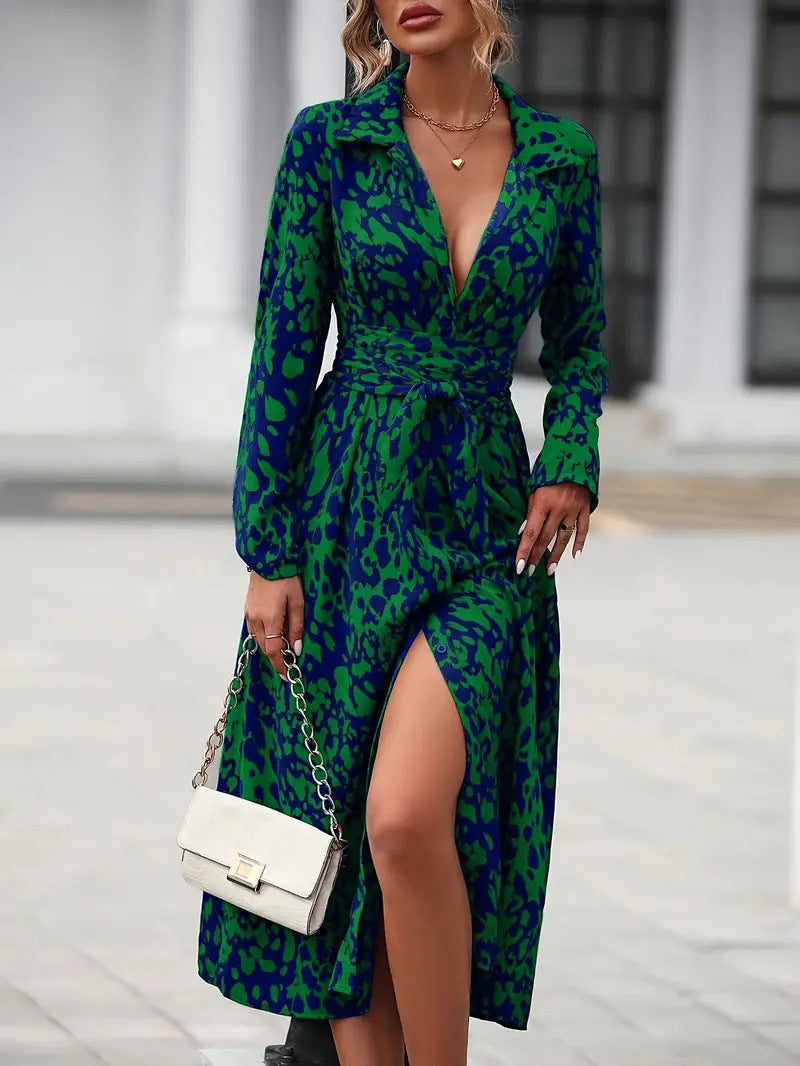 Printed Button Long Sleeve Waist A- Dress