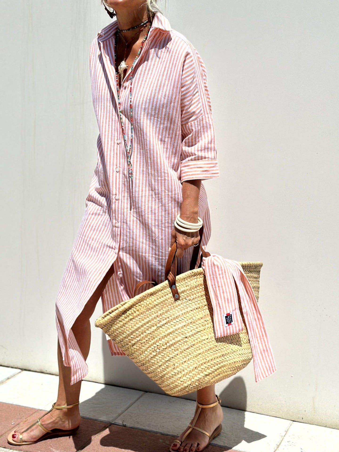 Women's Half Sleeve Striped Lapel Shirt Dress Blouse
