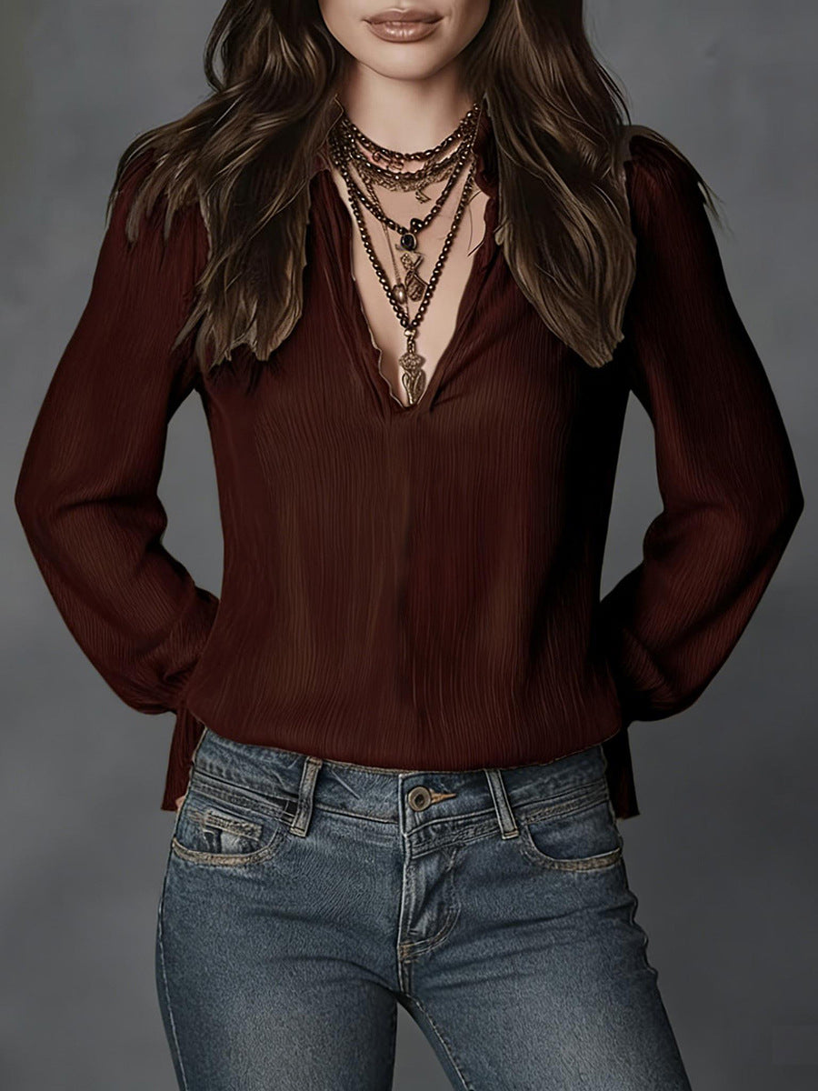 Women's Spring Stylish Temperament Long Sleeves Solid Color Casual Lapel Shirt Blouse