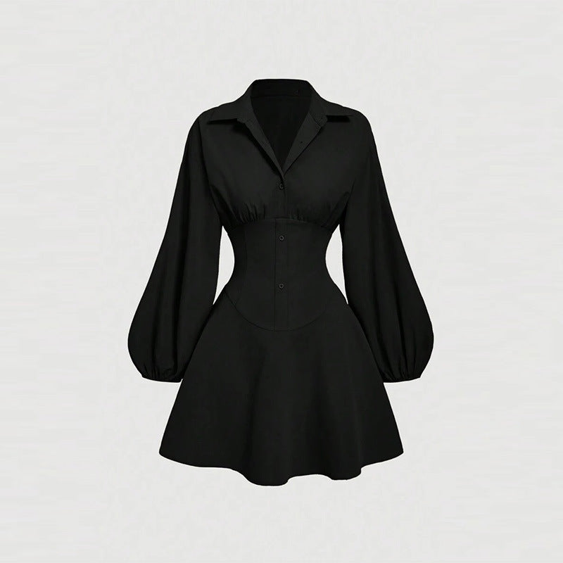 Autumn Pure Sexy Style Fashion Polo Collar Solid Color Versatile Dress