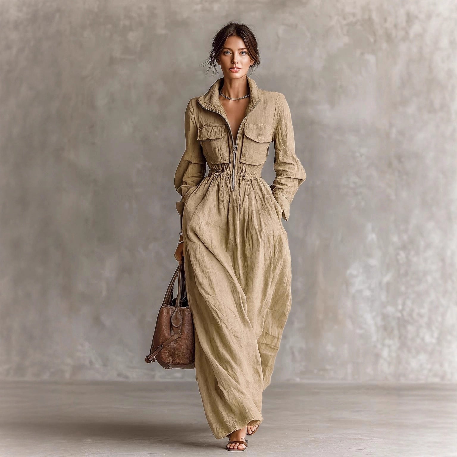 Women's Style Zipper Lapel Elastic Waist Long Vacation Dress