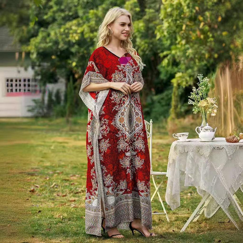 Women's Printed Loose Round Neck Robe Seaside Dress
