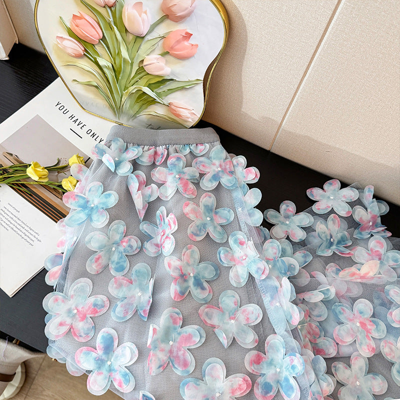 Women's Flower Mesh Stitching Autumn High Waist A- Line Loose Large Skirt