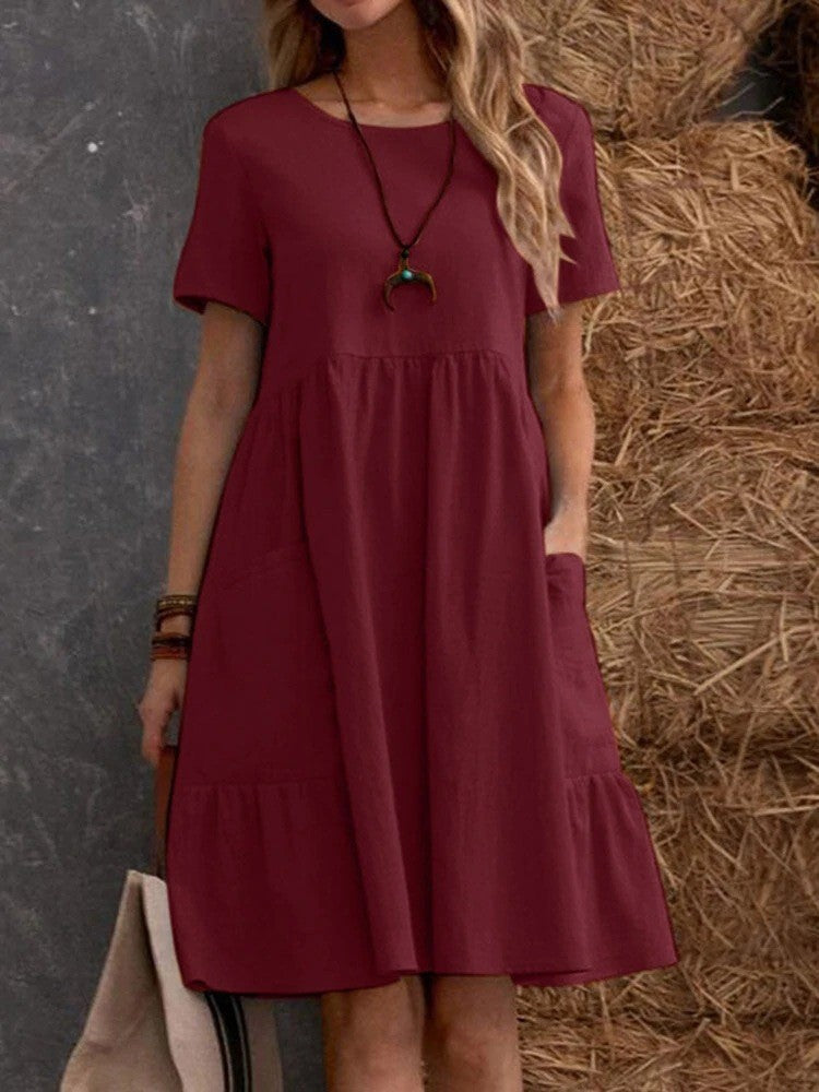 Women's Loose Pockets Solid Color Round Neck Cotton Dress