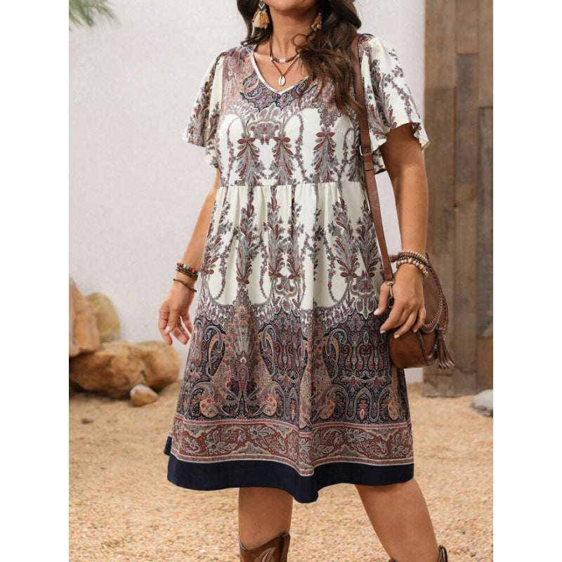Floral Print Sleeve Pullover Crew Neck Casual Dress
