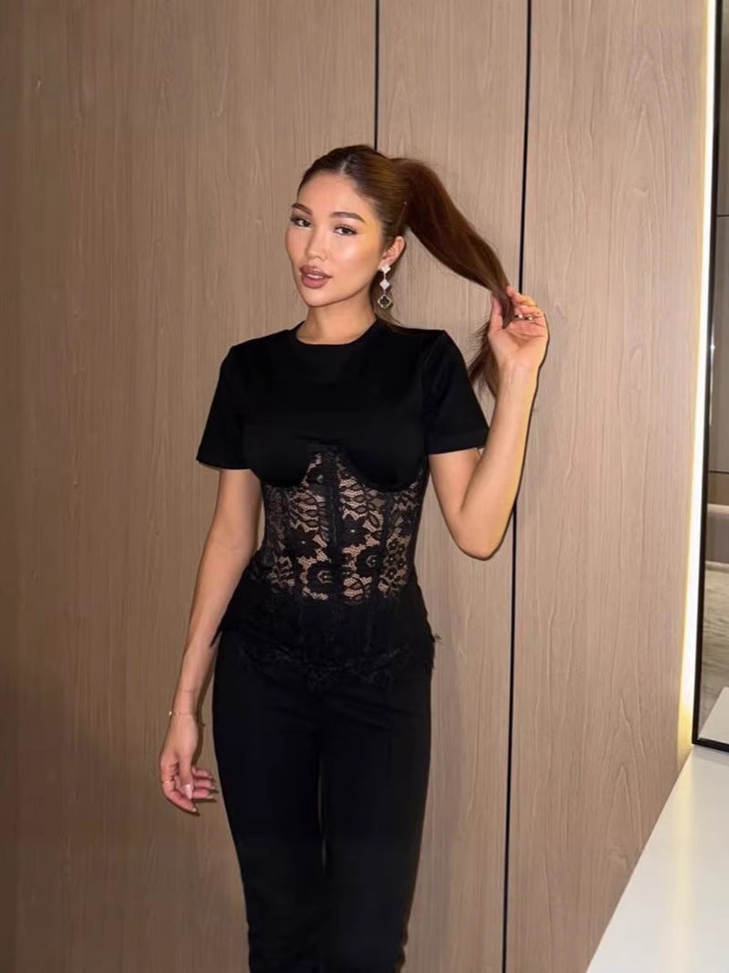 Women's Round Neck Sexy Lace Stitching Tops