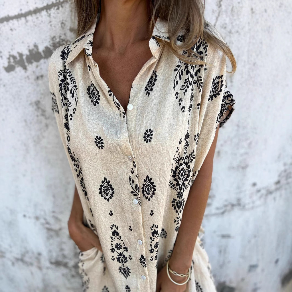 Women's Summer Loose Casual Sleeve Cotton Linen Shirt Pocket Dress