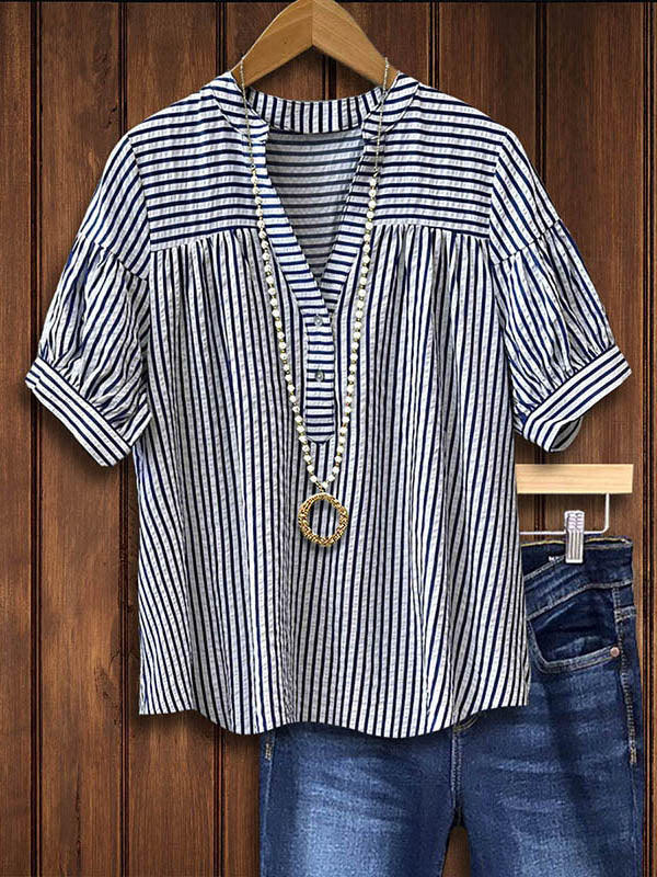 Women's Shirt Casual Striped Stitching Shrink Smocking Open Tube Blouse