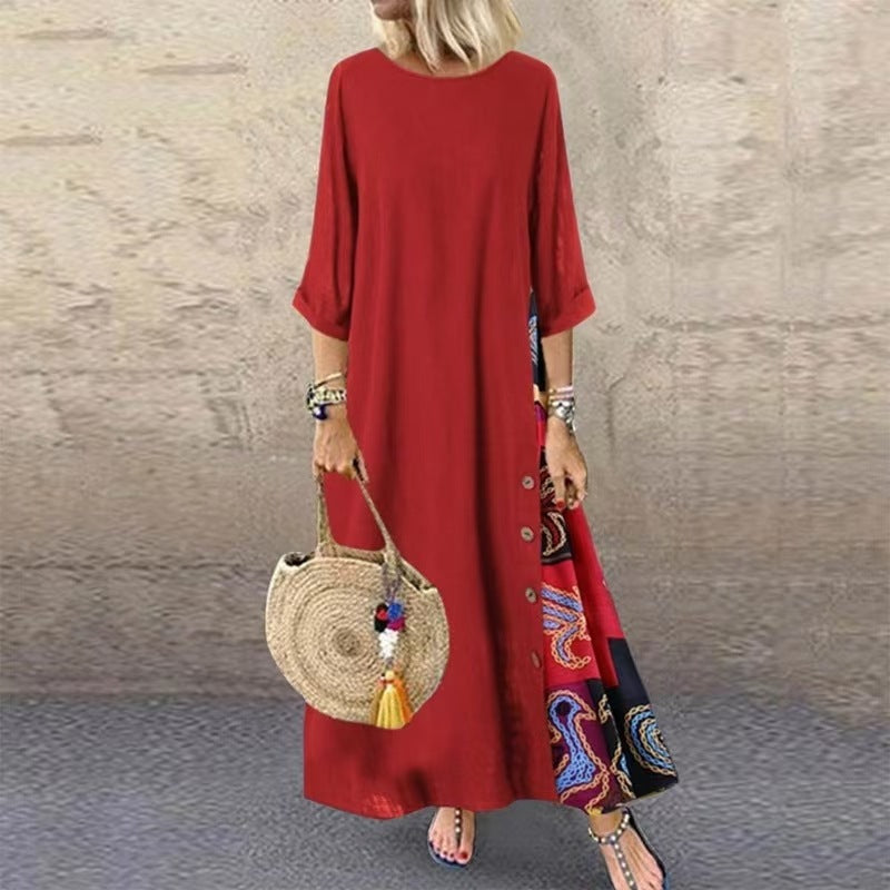 Floral Round Neck Contrast Color Button Dress