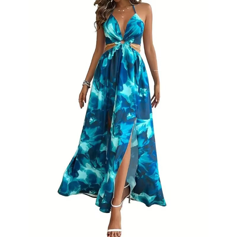 Women's Floral Backless Side Slit Suspender French Print Dress
