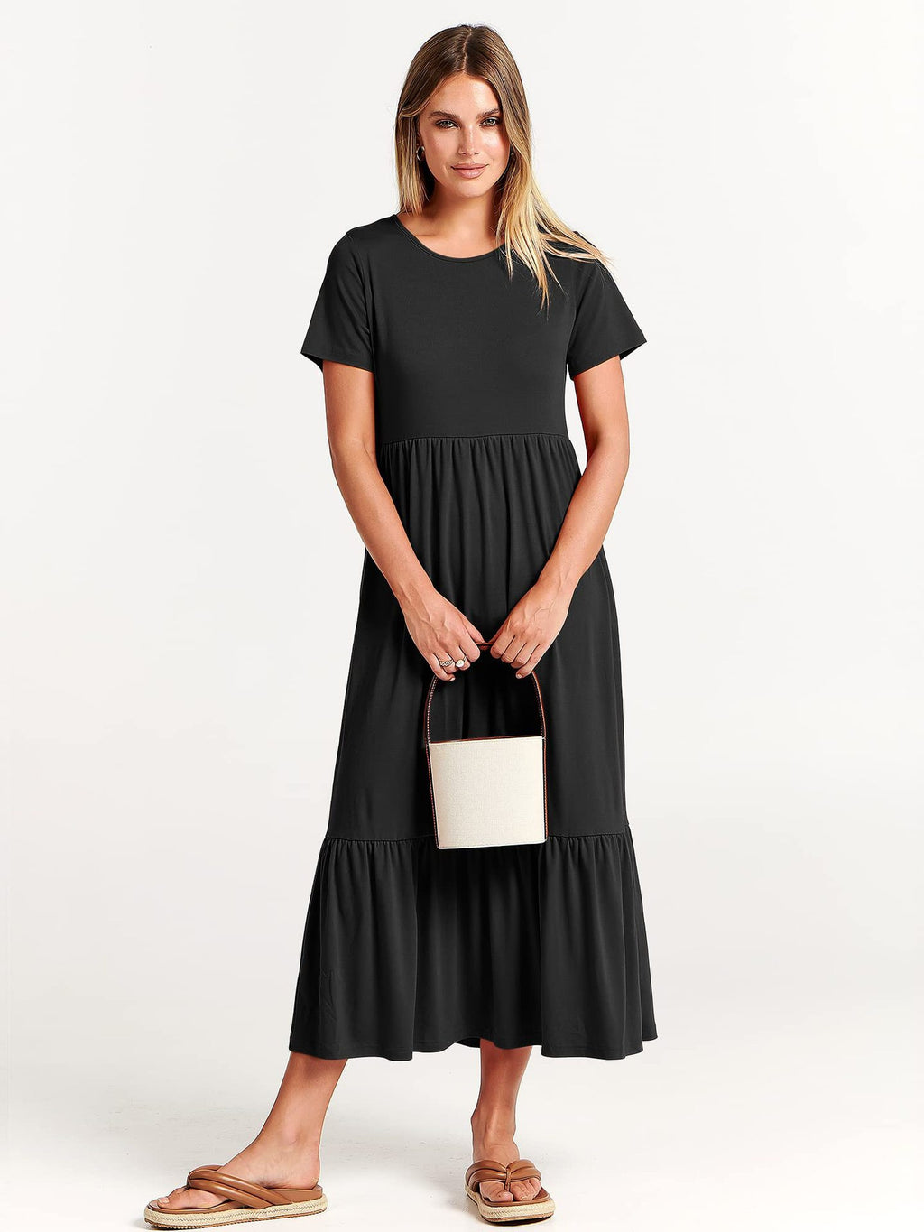 Women's Neck Pleating Solid Color Layered Large Swing Dress