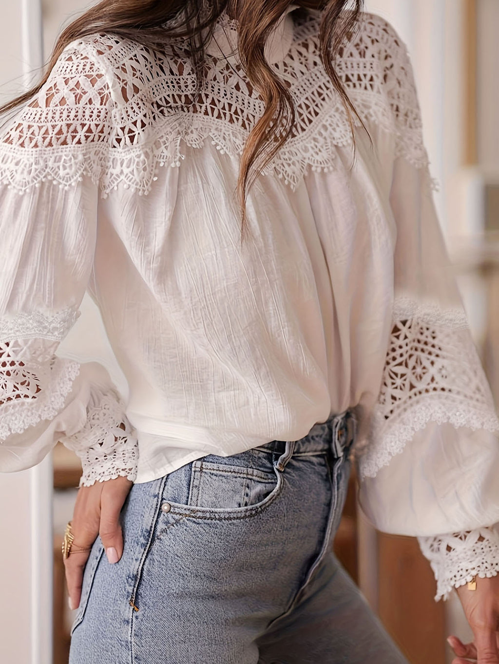Women's Holiday Crocheted Sexy Cutout Bell Sleeve Lace Blouse