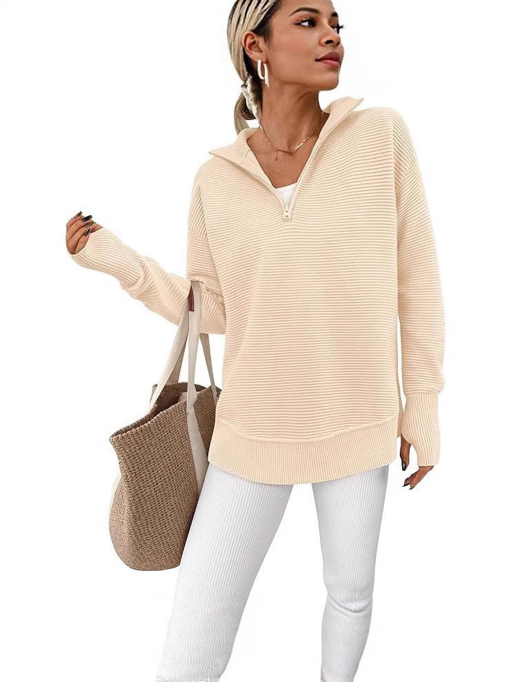 Women's Long Sleeve Half Zip Rib Knitted Pullover Early Autumn Clothing