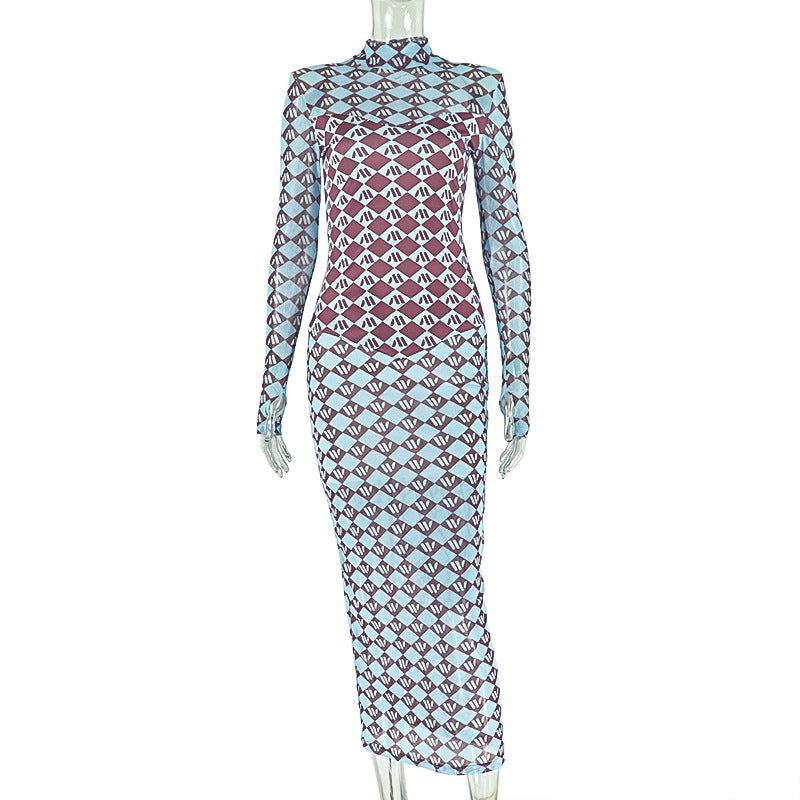 Women's Elegant Printed One-step Hip Turtleneck Long-sleeved Dress